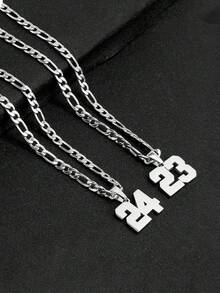 1pc Fashion 67 Number & 24 & 23 Number Pendant Necklace, Lucky Number Street Minimalist Stainless Steel Chain, Unisex Stylish Accessory - Silver - View 2
