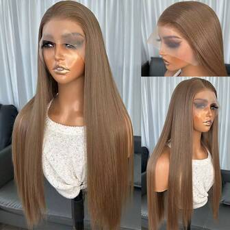 棕色 13x4 女士合成蕾丝前假发 22 英寸长直发 无胶 Kanekalon 防发合成假发 150% 密度 高清透明 可穿戴假发 耐热纤维假发 适合女士日常聚会度假假日使用