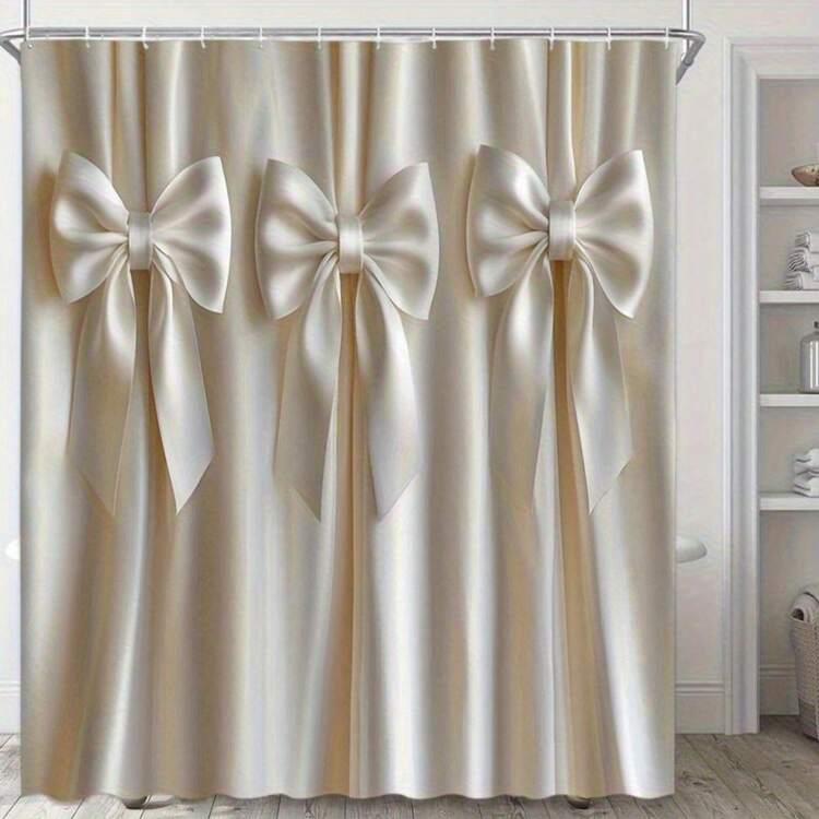1pc 2D Flat Elegant Bathroom Decor Cream Satin-Like Polyester Fabric Beige/Neutral Tones Hooks Included Easy Installation & Machine Washable For Modern Or Traditional Bathrooms Home Spa Setup Sophisticated Design Home Decorators Bow Bathroom Accessory - 白色 - 查看 3