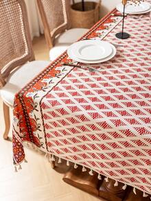1 pièce Nappe rectangulaire bohème, motif géométrique de losanges rouges, décoration de franges beiges, lavable, nappe de table à manger, décoration de dessus de table, décoration de fête, nappe de fête, convient pour les rassemblements, les dîners, les fêtes, toutes les saisons - Rouge - Voir 15