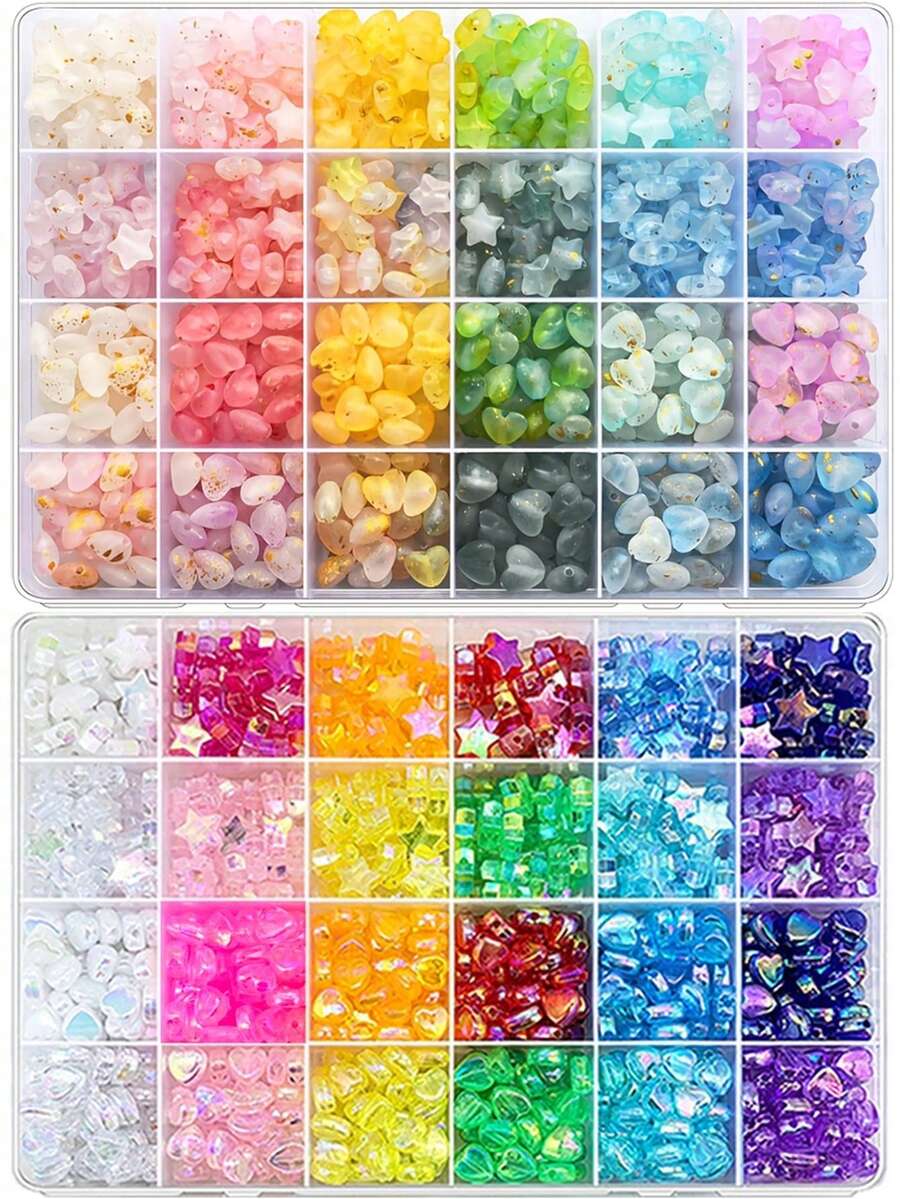 一盒亚克力珠，心形和星形，适用于珠宝制作，多种颜色和款式，散珠，可作隔珠，用于DIY项链、手链等珠宝工艺品。 - 彩色 - 查看 1