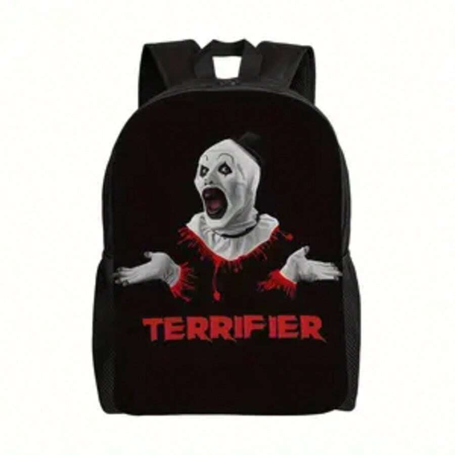 Men's Gothic Horror Backpack - Menacing Ghostly Face & RED 'TERRIFIER' Text, Heavy-Duty Polyester Backpack With Adjustable Shoulder Straps, Horror-Themed Bookbag For Halloween, College, Cosplay - Spooky Backpack For Horror Fans, Halloween Accessory, Bold - 黑色 - 查看 1