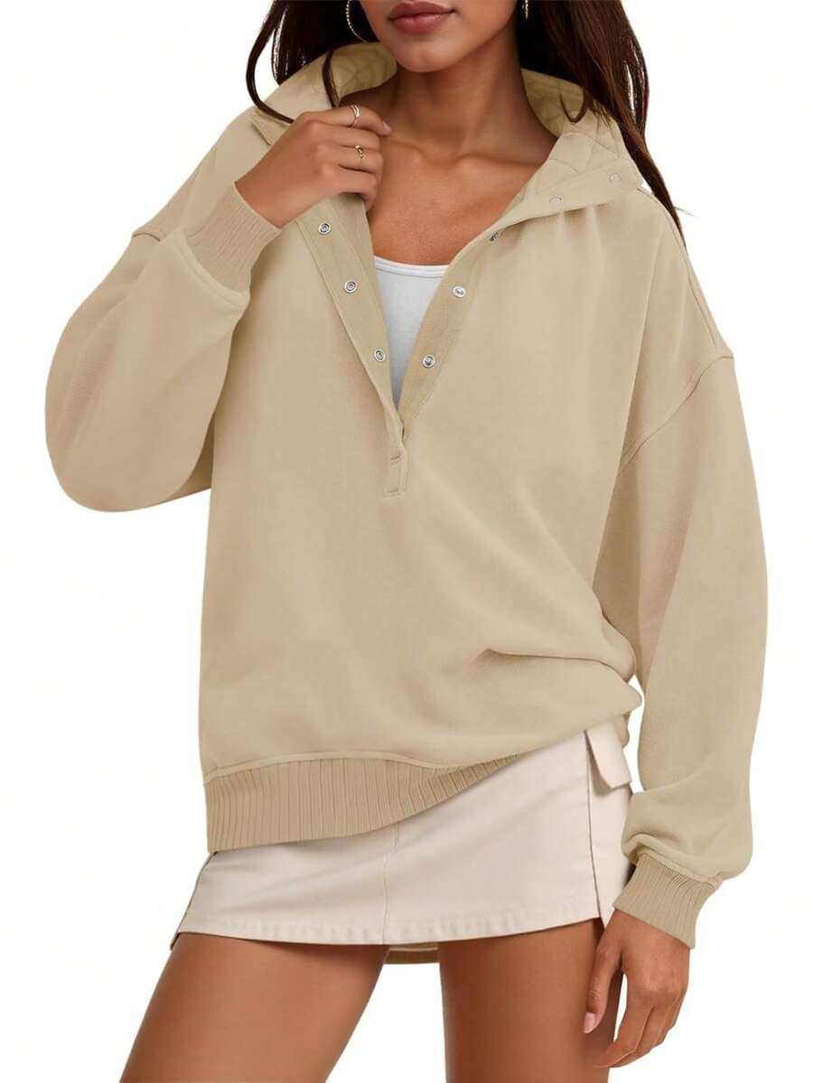 Fisoew Women's Oversized Sweatshirt Pullover - Long Sleeve Snap Button Henley Neck Loose Fit Top | Y2K Grunge, Clean Girl Aesthetic, Athleisure | Casual Fall Fashion - 卡其色 - 查看 1
