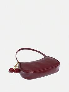 Novachic, Women's Fall Outfits, Cute Pendant Decor, Cherry Pendant, Women's Minimalist One Shoulder Bag, Zipper Closure, Retro Style, Underarm Bag, Suitable For Multiple Occasions - Màu Đỏ Sâu - Xem 4