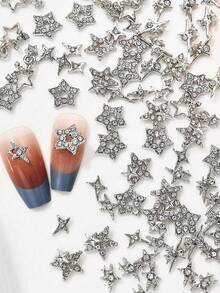 30件/包 新款Y2K风格银合金水钻五角星、十字架、北极星美甲装饰套装，无异味3D美甲合金五角星贴纸、吊坠，DIY假指甲、手机壳、手工装饰配件、美甲宝石、水钻和装饰珠宝礼品 - 銀色 - 查看 2