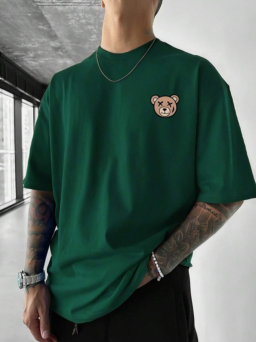 Simple Studio | Men's Minimalist Bear Print Short Sleeve T-Shirt | Suitable For Summer Wear | Comfortable & Breathable | Style - Dark Green - View 1