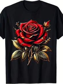Camiseta casual de manga corta para hombres% algodón con estampado gráfico de rosa roja vibrante y hoja dorada - estilo de streetwear americano. Camiseta de Cuello Redondo Transpirable para Deportes al Aire Libre en Verano. Gimnasio; Ropa Casual. Camiseta de exterior. Camisa Casual de Moda Ajuste cómodo - Negro - Ver 1