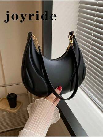 1个新月形手提包，纯色亚克力链条装饰，PU材质，便携优雅拉链单肩包，适合女孩旅行和日常使用