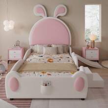 Polsterbett, Einzelbett Mit Kleiner Treppe Und Kinderrutsche, Kopfteil Mit Hasenohren, Kinderbett Mit Holzlatten, PU, White+Rosa, 90x200cm - White - View 4