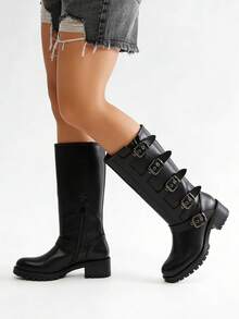 Fashion Riding Knee High Boots For Women Round Toe Mid Chunky Heel Buckle Side Zipper Wide Calf Boots Winter Outdoor Footwear For Women - 黑色 - 查看 5