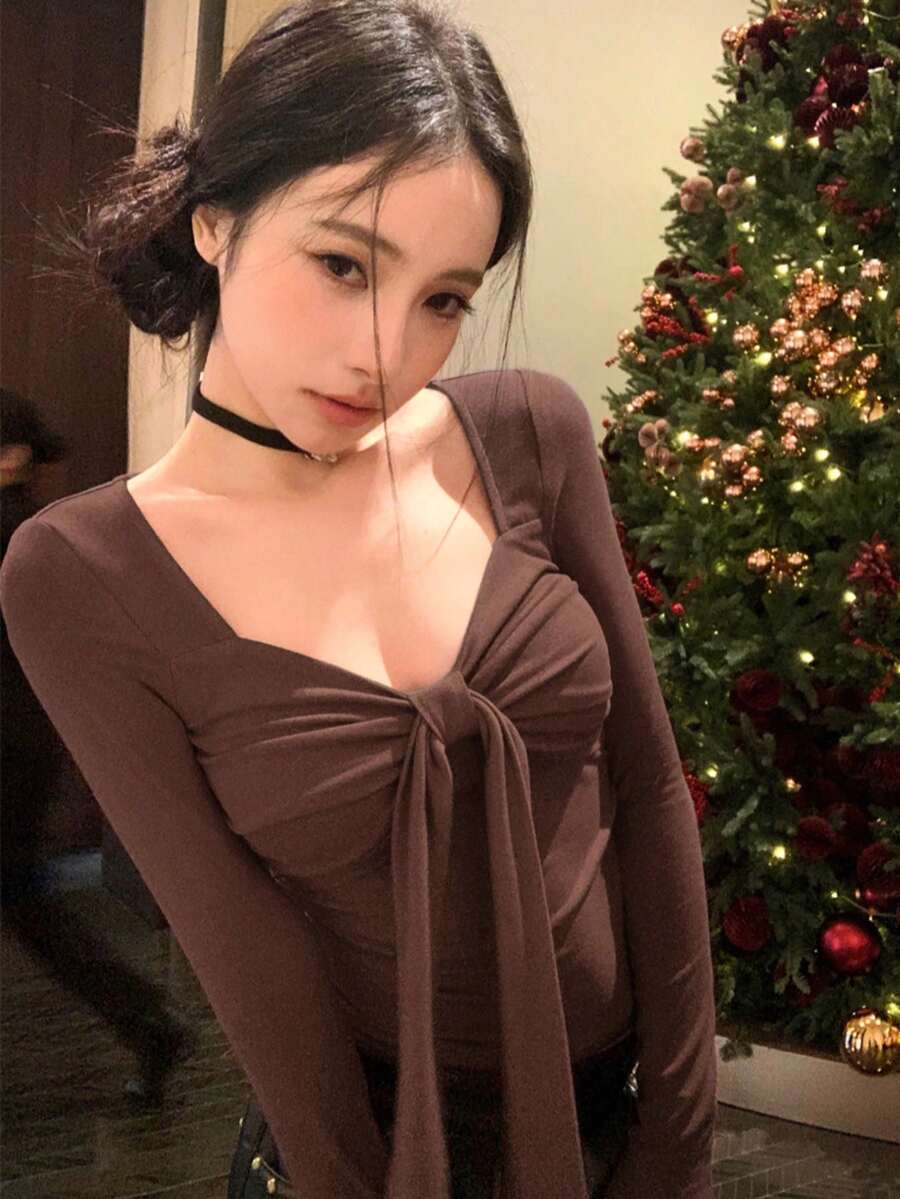 Camiseta de manga larga con lazo para mujer, ajustada y de cuello redondo, para primavera - Café integral - Ver 1