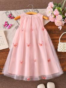 Robe mi-longue en maille d'été pour filles avec décoration de papillon 3D, convient pour les fêtes, les sorties quotidiennes et fait un excellent cadeau d'anniversaire pour les petites filles - Rose bonbon - Voir 2