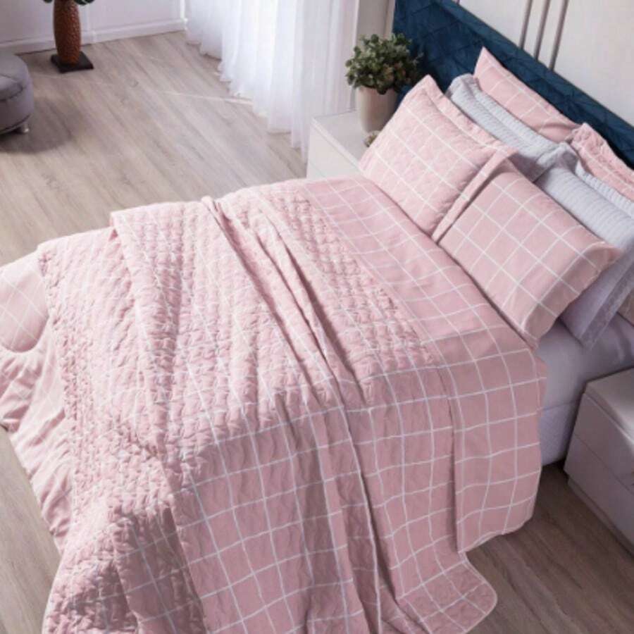 Cotton Sheet Set 4 Pieces Single Double Queen King - 粉紅色網格 - 查看 1