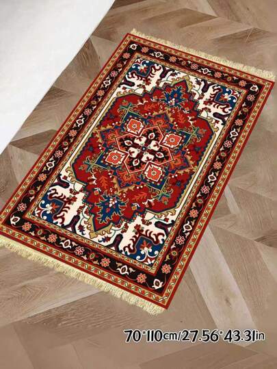 1件花卉图案波西米亚风毯子，精致流苏设计，可水洗地毯