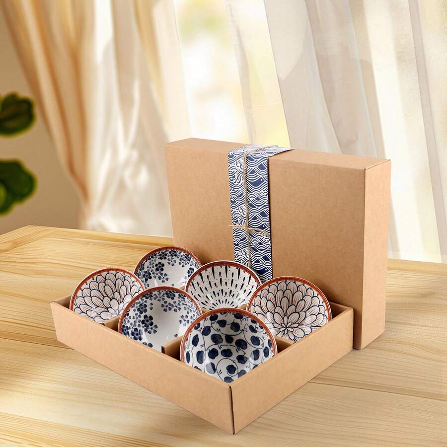 Japanese Asian Cuisine Bowl Set, Ceramic Bowl Serving For Snack, Soup, Dessert, Salad, Noodle, Pasta, Oatmeal, Rice, White And Blue Porcelain Bowls For Kitchen, Dinner Bowl Set Of 6 - 藍色 - 查看 1