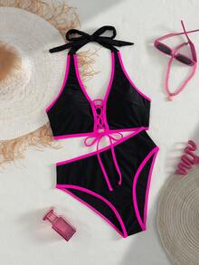 2pcs/Set Women's Hollow Out Criss-Cross Tie Front Sexy Fashionable Patchwork Bikini Swimwear, Suitable For Beach Holiday Vacation Summer - Multicolor - View 6