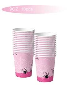 10 piezas Vajilla desechable con diseño de araña rosa de 7/9 pulgadas, bandeja redonda desechable para postres, vasos de papel, servilletas, adecuado para fiestas con temática de araña, fiestas de cumpleaños, fiestas familiares, fiestas con amigos, suministros para cenas - Multicolor - Ver 12