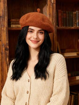 1pc Women's Solid Color Thick Faux Wool Beret Hat, Flattering Fit, Versatile For Daily Wear, Outing, Sketching, Autumn/Winter