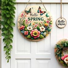 1pc Hello Spring Wreath Design Wooden Round Sign, Spring Wreath Decor, Holiday Decoration, Room Decor, Home Decor, Festival Decoration, Front Door Decor, Wall Decor, 2D Flat - Multicolor - View 5