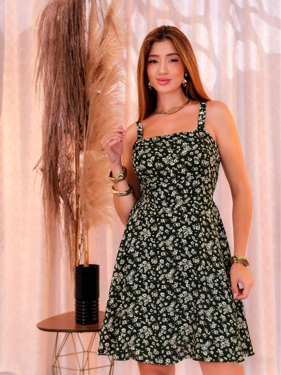 Women's Floral Dress With Wide Straps, Summer, Casual, Elegant, Comfortable - 所以 - 查看 1