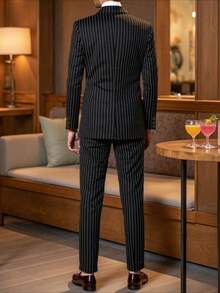 2pcs Men's Suit Set, Vertical Striped Double-Breasted Blazer Jacket And Pants, Suitable For Business, Wedding, Party, Formal Occasions - Black - View 2