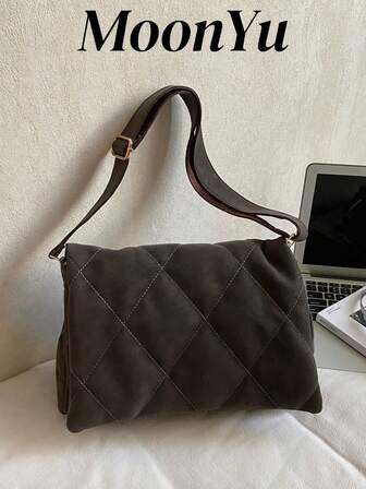 Women's Shoulder Bag, Tote Bag, Square Bag, Flap Bag, Soft Bag, Khaki Color, Minimalist Quilted Diamond Pattern, Large Capacity Khaki Messenger Bag