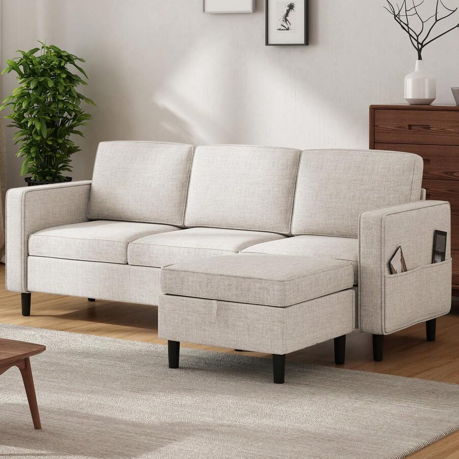 Mjkone Sectional Couches For Living Room, Linen L-Shaped Sofa With Storage Ottoman, 3 Seater Sofa For Office/Apartment - Màu be - Xem 1