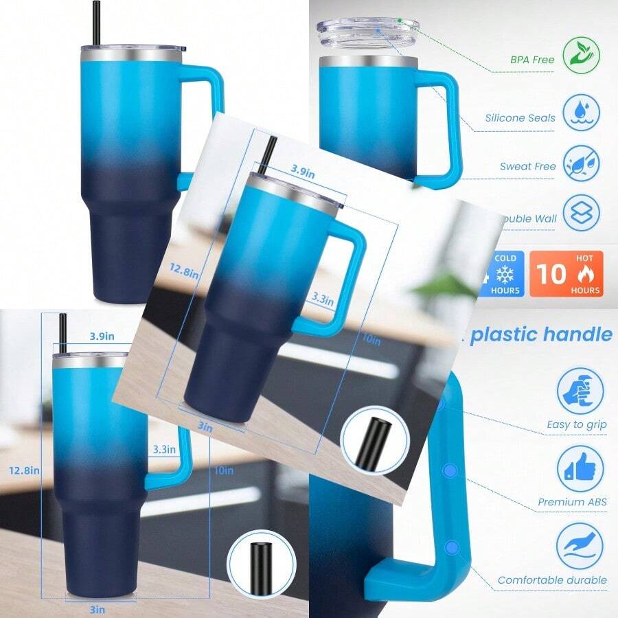 40 Oz Tumbler With Handle And Straw Stainless Steel Tumbler With Lid And Straw Reusable Vacuum Insulated Cup Travel Coffee Mug Blue Gradient 1Pack - 杏色 - 查看 1
