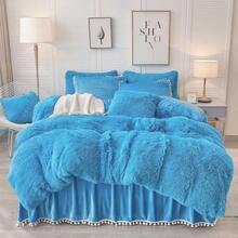 Luxury Plush Shaggy Duvet Cover Set Soft Velvet Fluffy Duvet Cover Furry Bedding Comforter Set 1 Faux Fur Fuzzy Duvet Cover + 1 Pompoms Pillow Case Zipper Closure(Twin/Twin XL Blue) - Blue - View 1