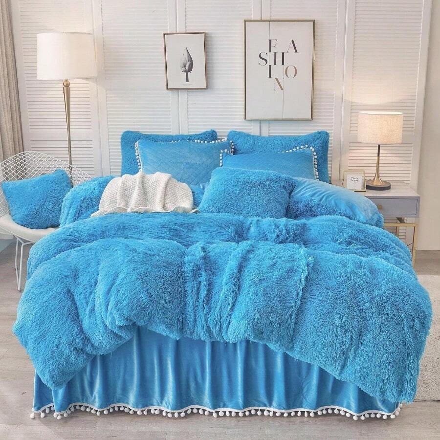 Luxury Plush Shaggy Duvet Cover Set Soft Velvet Fluffy Duvet Cover Furry Bedding Comforter Set 1 Faux Fur Fuzzy Duvet Cover + 1 Pompoms Pillow Case Zipper Closure(Twin/Twin XL Blue) - Blue - View 1