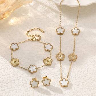 4-Leaf Clover Jewelry Set, Includes Gold Floral Necklace, Bracelet, And Earrings, Versatile Gift Set