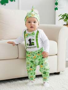 Conjunto de primavera para bebé niño con estampado de trébol y gorro de copa, mono de manga larga, pantalones y gorro de 3 piezas, ropa bonita para festivales de ocio, ideal para 0 a 18 meses - Verde - Ver 1