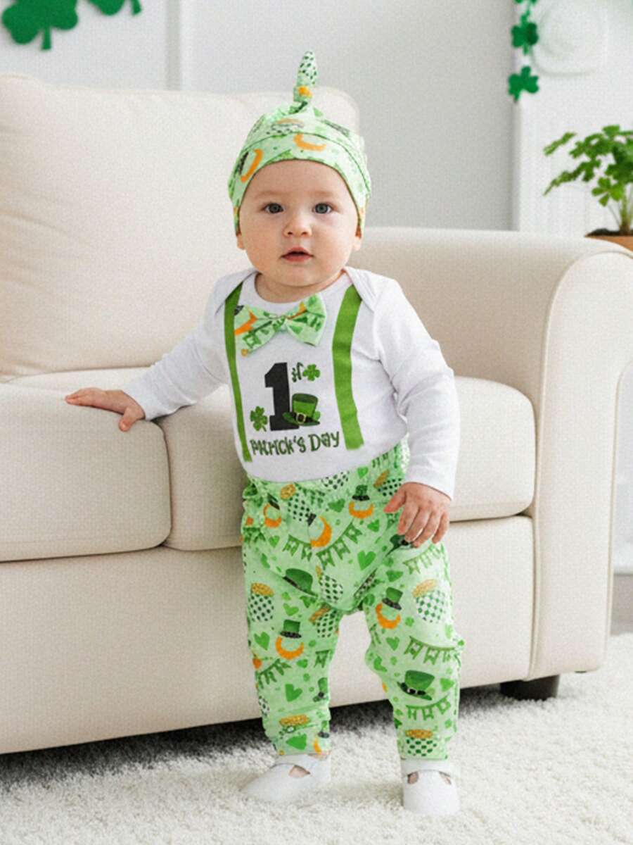 Conjunto de primavera para bebé niño con estampado de trébol y gorro de copa, mono de manga larga, pantalones y gorro de 3 piezas, ropa bonita para festivales de ocio, ideal para 0 a 18 meses - Verde - Ver 1