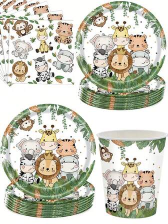 10pcs, Jungle Animal Disposable Tableware Set, Paper Plate Cup Napkin Banner, Kids Boy Forest Theme Birthday Party Supplies, Creative Small Gift, Holiday Accessory, Birthday Party Supplies, Birthday Gift, Party Decorations Supplies