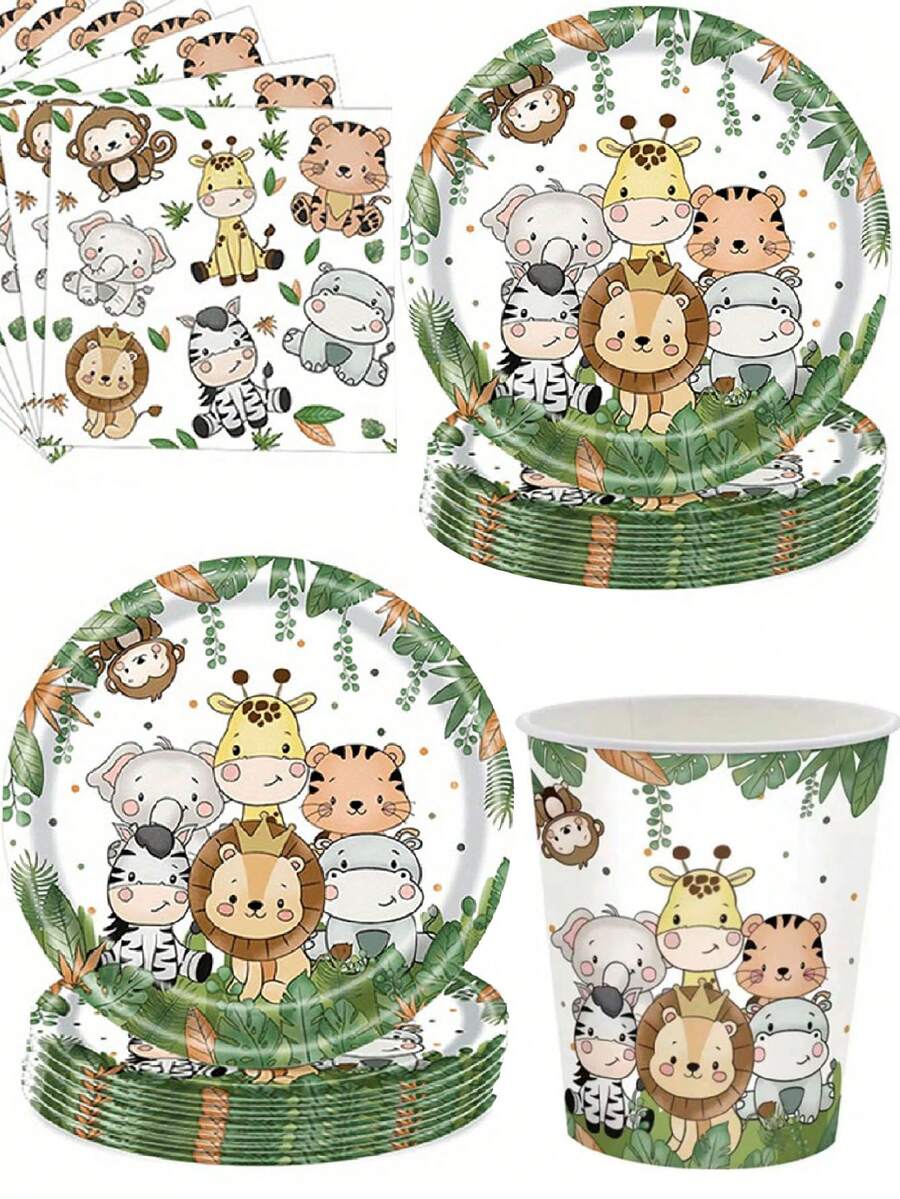 10 pezzi, Set di stoviglie monouso a tema animali della giungla, piatti di carta, bicchieri, tovaglioli, striscione, forniture per feste di compleanno a tema bosco per bambini, piccolo regalo creativo, accessorio per vacanze, forniture per feste di compleanno, regalo di compleanno, decorazioni per feste - Multicolore - Visualizzare 1