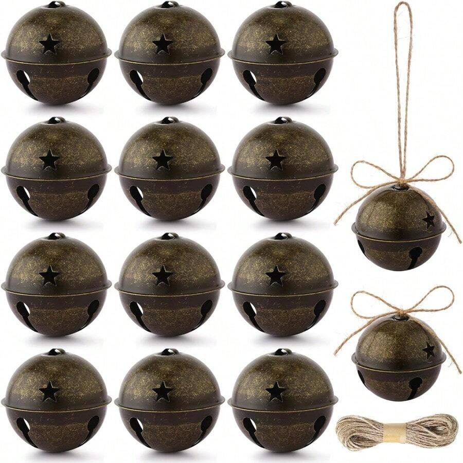 zxr Roowest 12 Piezas Adorno Navideño de Cascabeles Grandes 8 cm Cascabeles Gigantes Adorno para Árbol de Navidad con Cinta para Manualidades Corona Decoración de Exteriores DIY Latón125 - latín - Ver 1