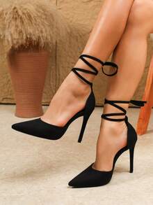 Sexy Fashion Party & Commute Lace-Up Pointed Toe Stiletto Heel Casual Versatile Ankle Strap High Heels - Black - View 1