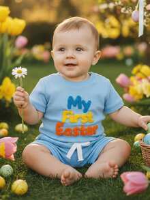 Conjunto de 2 piezas de mameluco de manga corta con letras bordadas y pantalones cortos lisos para bebé niño de Pascua, ropa sencilla para festivales, ideal para niños de 0 a 12 meses. - Azul - Ver 3