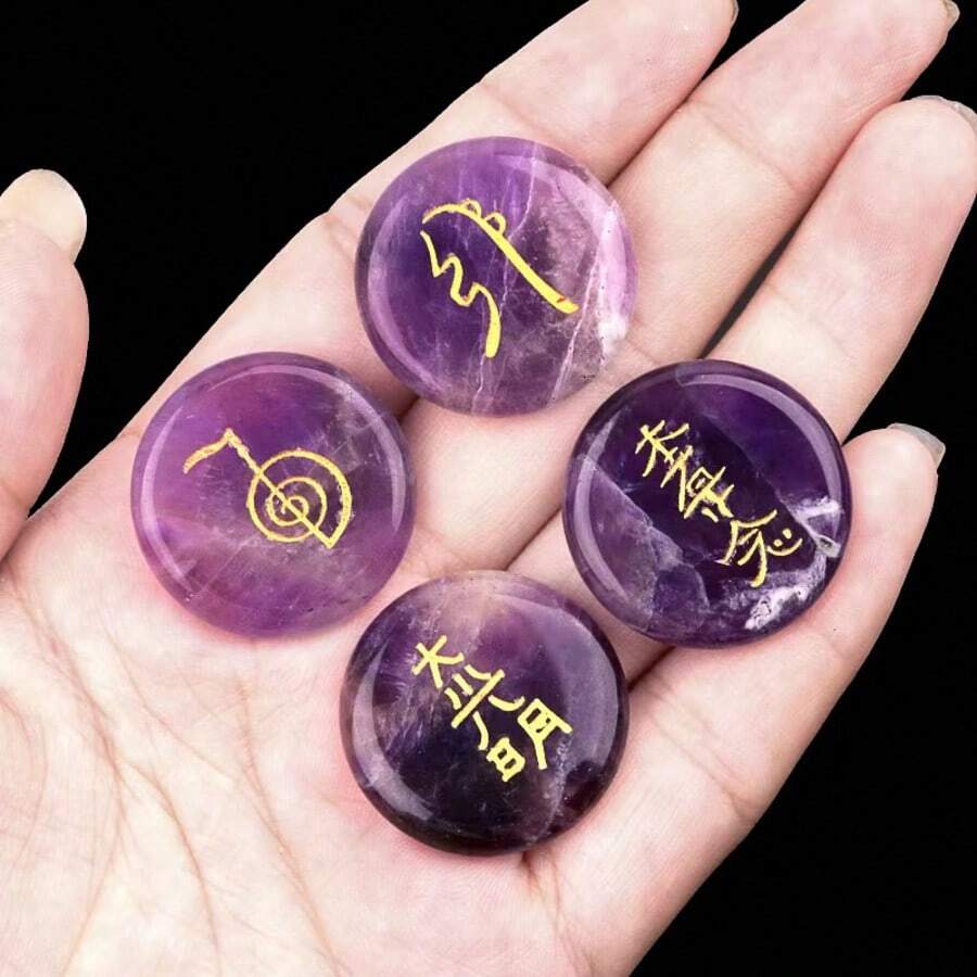 CUPIDCRYSTAL A Collection Of Four Polished Palm Stones Featuring Crystal Carved Chakra Symbols As A Gift. - 4-piece Rune-engraved Disc - View 1