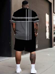 Men's Street Casual Sports Set - "Multicolor Line Geometric" Pattern Design, Polyester Knit Fabric, Round Neck, Drawstring Shorts, Pockets, Regular Fit, Suitable For Plus Size - Multicolor - View 2