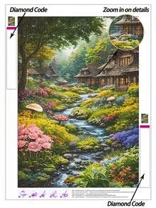 |5D DIY Diamond Painting|Enchanted Forest Cottage With Stream & Vibrant Wildflowers DIY Diamond Art Kit, Sunlit Green Backdrop & Colorful Floral Accents Canvas Wall Art Print. Home Decor Diamond Painting, Mosaic Kit, DIY Your Own Wall Art - Multicolor - View 8