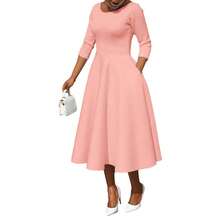 Women's Mid-Length Solid Color Three-Quarter Sleeve Dress, Flattering U-Neck With Pockets And Full Skirt. - 粉色 - 查看 2