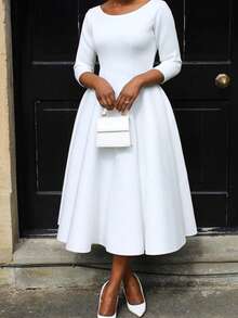 Women's Mid-Length Solid Color Three-Quarter Sleeve Dress, Flattering U-Neck With Pockets And Full Skirt. - White - View 2