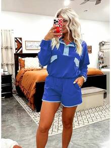 Womens Color Block Two Piece Sets Long Sleeve Oversized Sweatshirts Pullover And Shorts Set Matching Sets With Pockets, 2025 JJYR - 藍色 - 查看 5