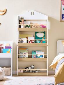 SoBuy Children's Bookshelf, Kids' Shelf, Toy Storage Shelf With 4 Shelves For Books And Decorations, Montessori Shelf, Children's Room Furniture, White And Natural, 60x130.5x15 Cm KMB121-WN - White - View 1