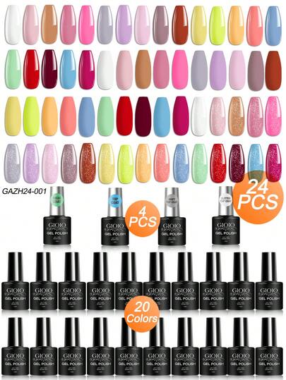 GIOIO 24 Pcs Gel Nail Polish Set Semi Permanent 20 Colors UV Gel Polish With Base Top Coat Matt & Glitter Top Coat Nail Polish Gel Nude Red Blue Pink Black Varnish Hybrid Kit For Women Girls Nails