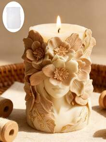 一款优雅的花卉女神脸蜡烛硅胶模具，采用3D立体造型，饰以奢华的花朵和叶子，覆盖眉间和眼部，适用于制作蜡烛、香石、手工皂、水泥和石膏工艺品。 - 白色 - 查看 2