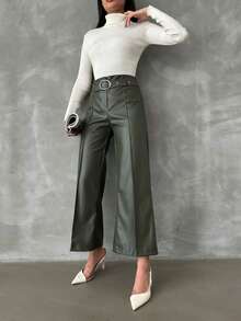 Kemerli Deri Pantolon Palazzo Pantolon şardonlu