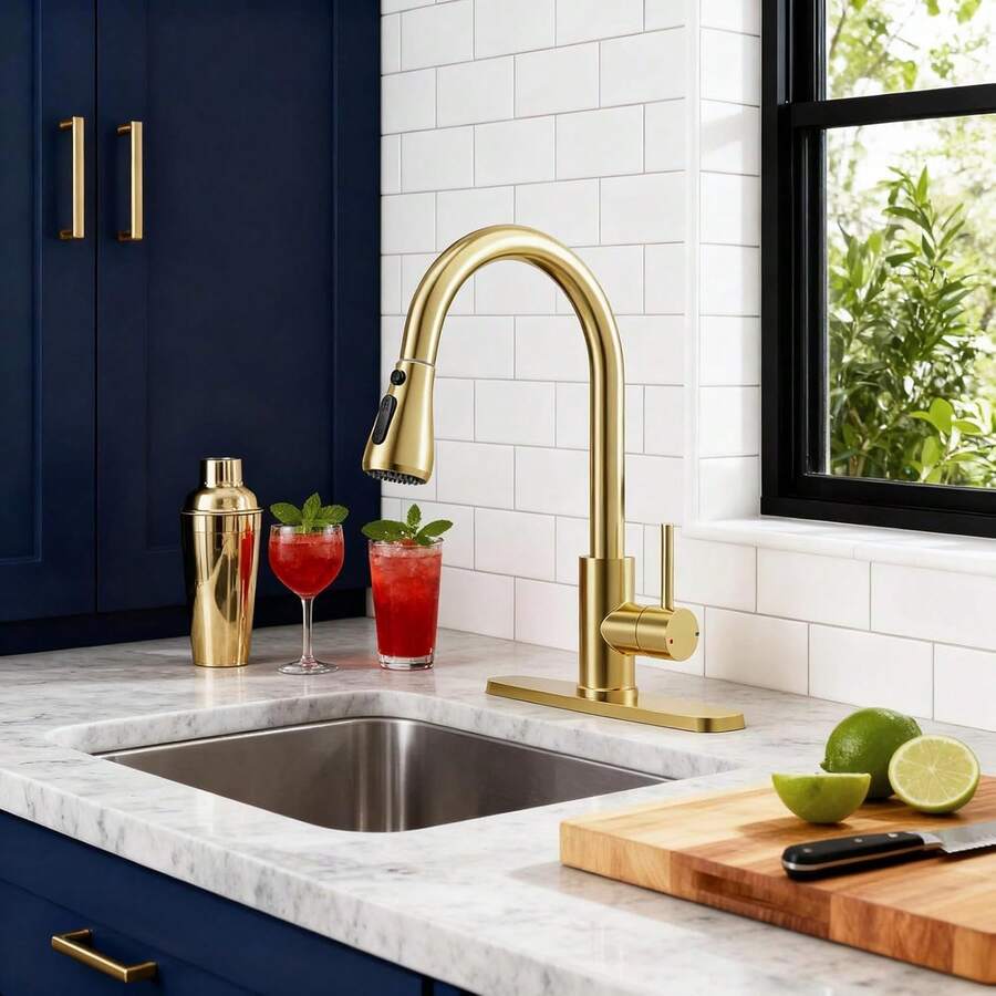 Gold Kitchen Faucet, Brass Kitchen Faucet With Pull Down Sprayer, Single Hole Stainless Steel Brushed Gold Faucet For 3 Hole Kitchen Sink Gooseneck For Commercial Modern Camper RV Farmhouse Bar Sink