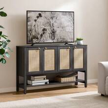 SICOTAS Rattan Sideboard Buffet Cabinet With Open Storage - Large Storage Cabinet With 4-Doors And Adjustable Shelves, Boho Credenza Coffee Bar Cabinets Buffet Table Console Table For Kitchen - Sồi đen - Xem 10